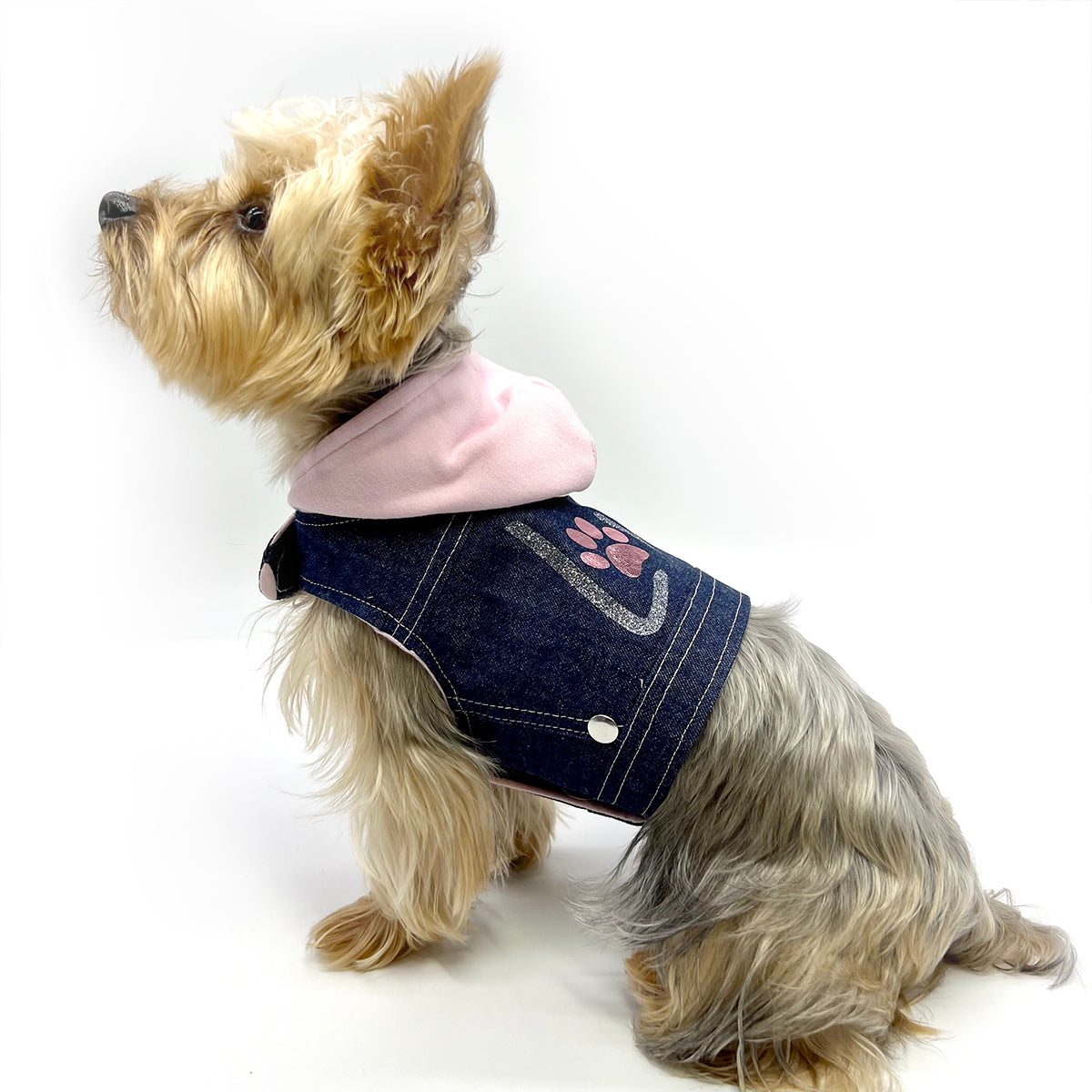 Denim Hoodie "Love" Harness Vest – Pink pet outwears-3