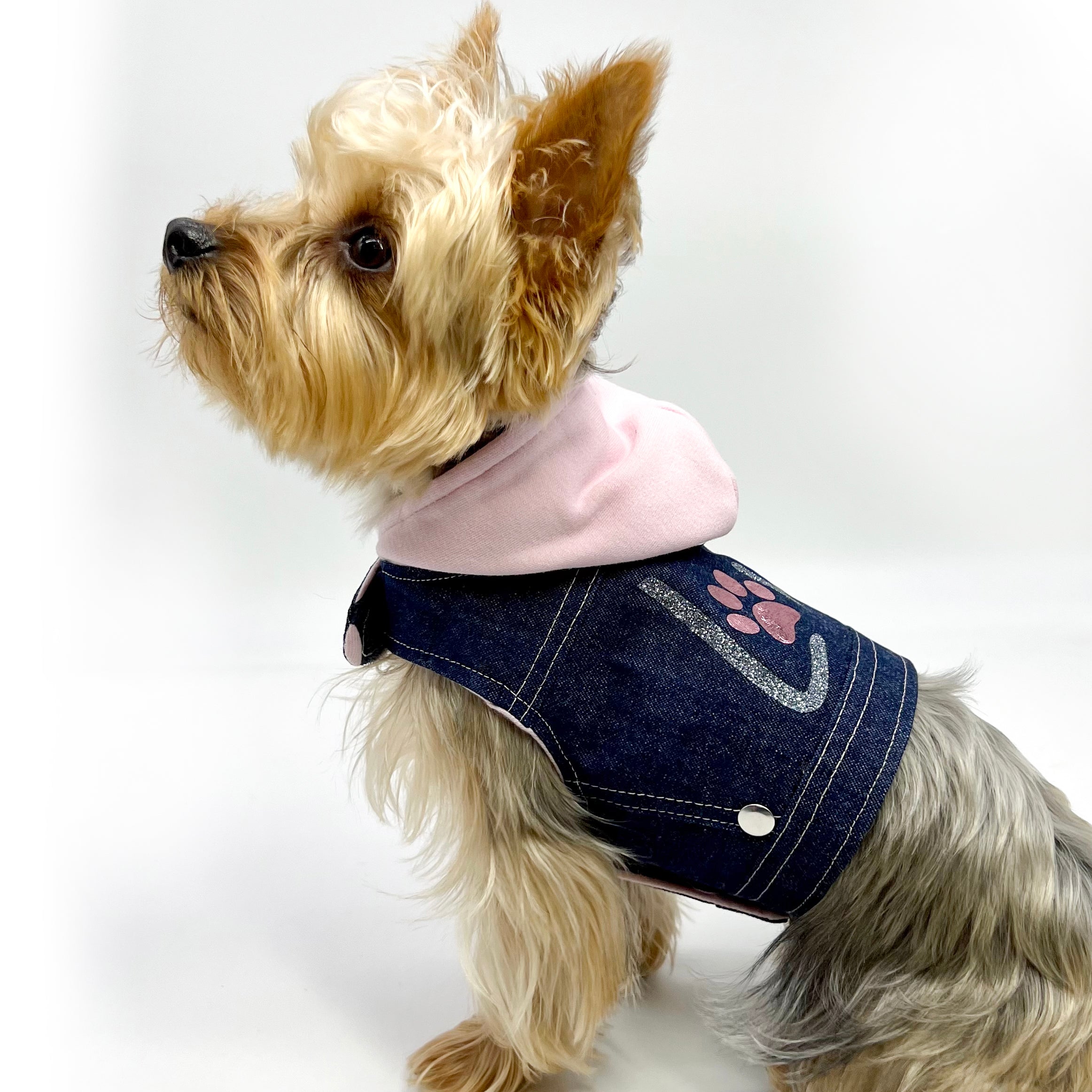 Denim Hoodie "Love" Harness Vest – Pink pet outwears-1
