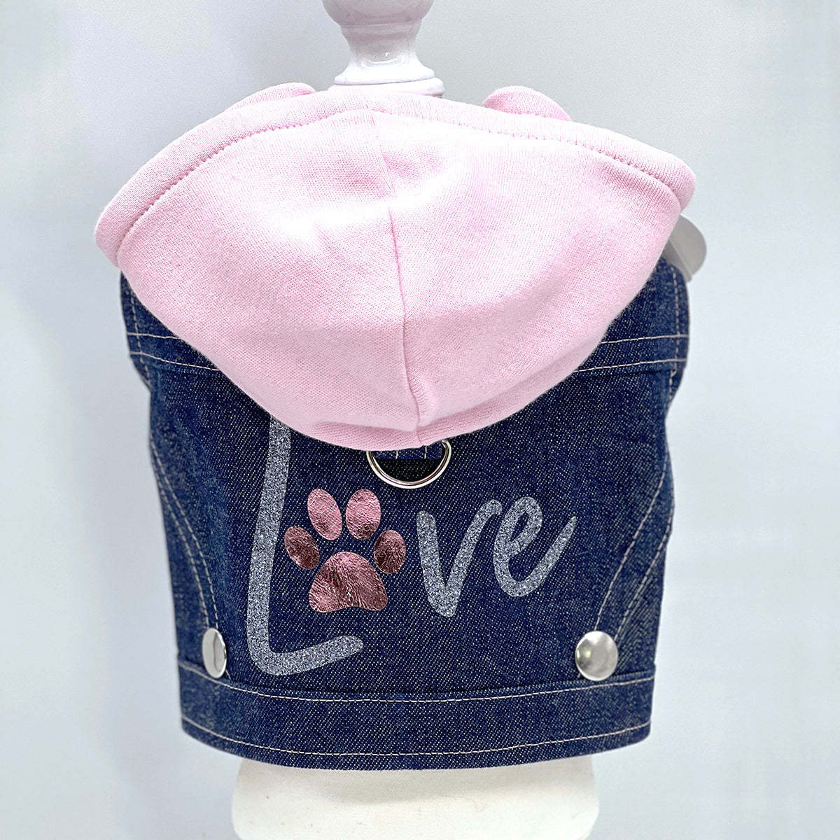 Denim Hoodie "Love" Harness Vest – Pink pet outwears-0