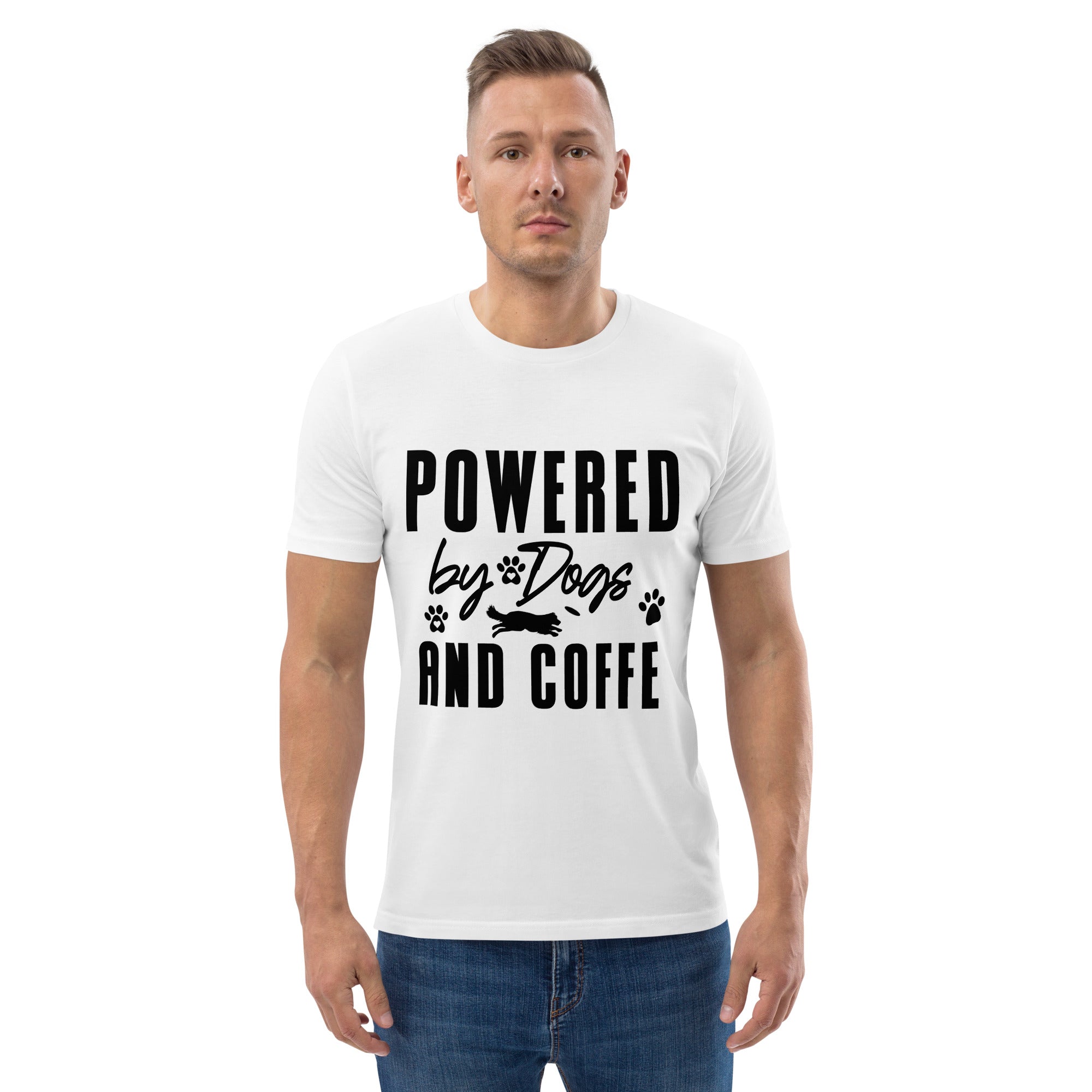 powered by dogs amd coffee Unisex organic cotton t-shirt